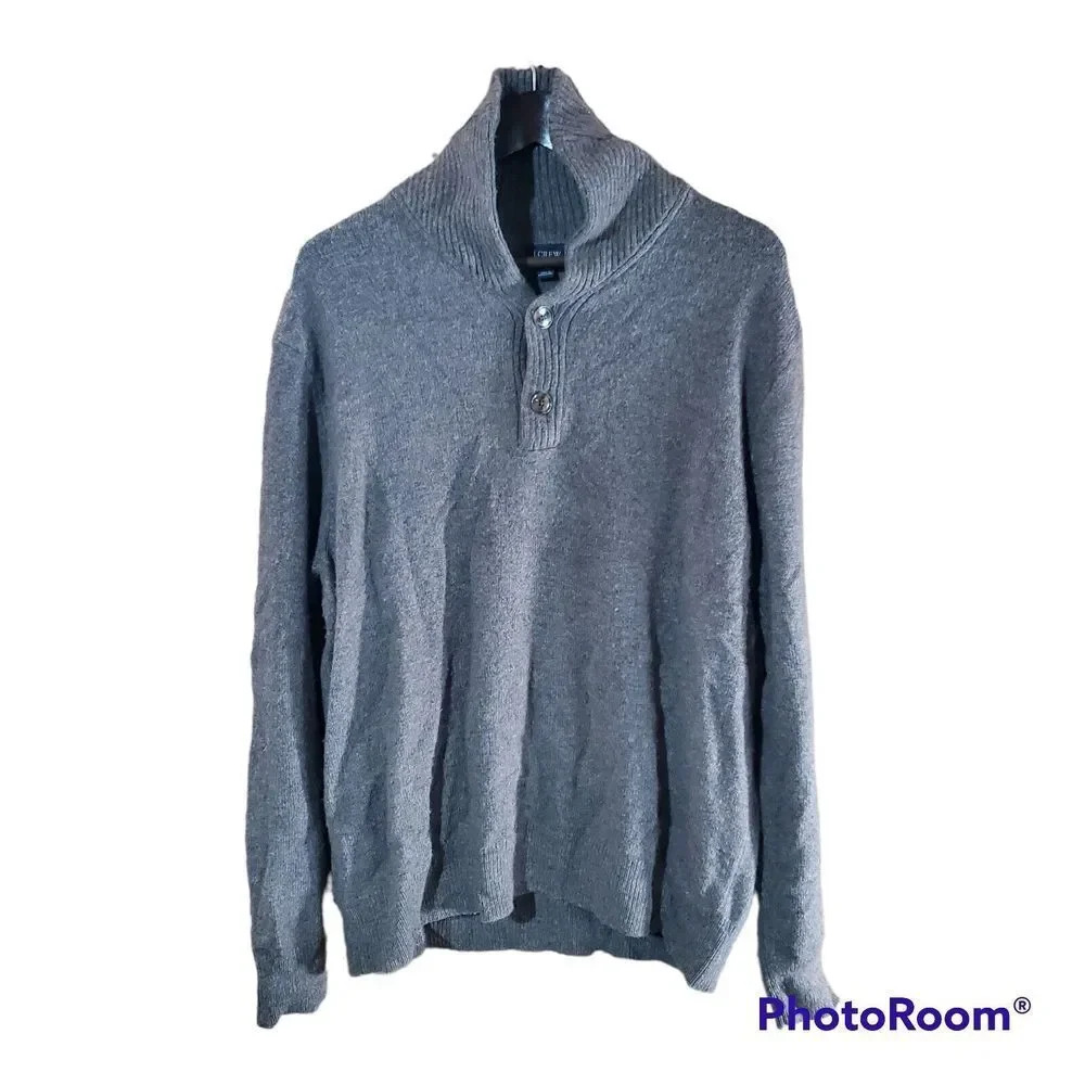 J Crew Mens XL Gray Shawl Collar Button Neck Sweater Wool Blend